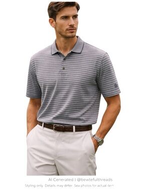 Descente Striped Polo Grey Indigo Mercerized Cotton Golf Core M